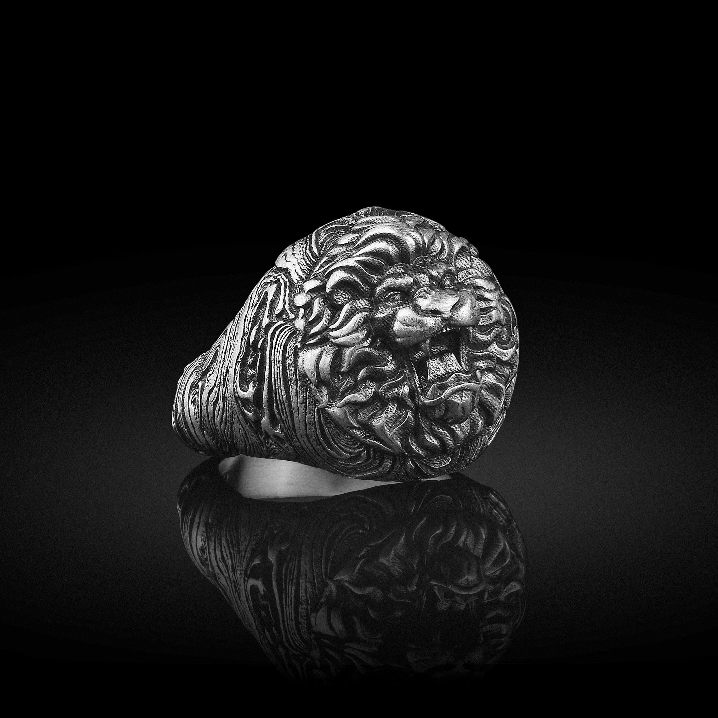 BySilverStone Handmade Lion Signet Ring - Sterling Silver, Oxidized Finish, Leo Zodiac Men's Ring
