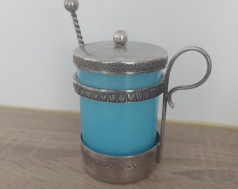 French jam or mustard pot with lid and spoon