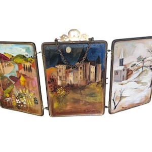 Vintage French Triptych Mirror: Hand-Painted Scenes, 1940s