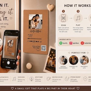 May include: A rectangular tan magnetic plaque featuring a custom photo, song title Perfect by Ed Sheeran, a music player interface, and a QR code. The plaque is shown being scanned by a smartphone, with instructional text explaining how to scan, play, and enjoy music.