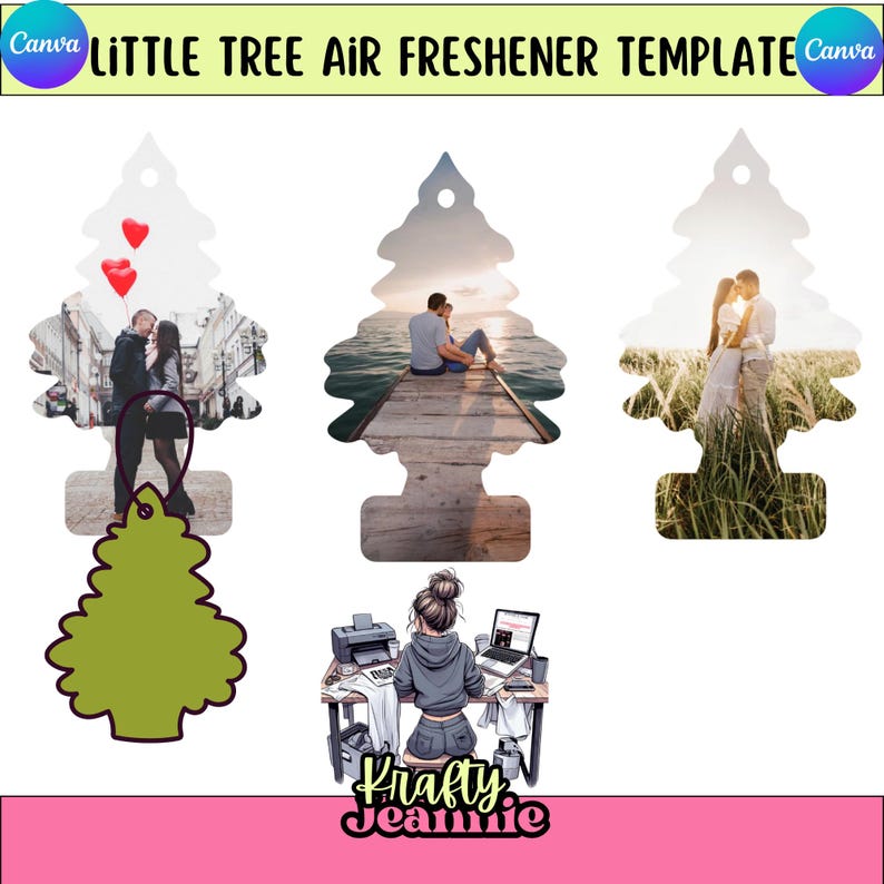 May include: A template for Little Tree air fresheners with various designs. The designs include a couple in a city, a couple on a dock, and a couple in a field. The image also includes a green tree-shaped air freshener and a woman working at a desk.