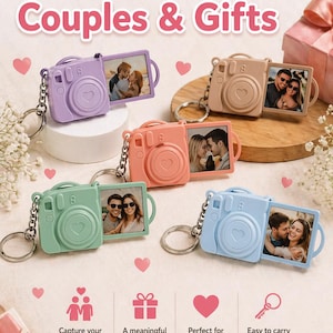 May include: A collection of colorful camera-shaped keychains, each holding a small photograph. The keychains come in pastel shades of purple, peach, green, tan, and blue. The text "Perfect for Couples & Gifts" is displayed at the top.