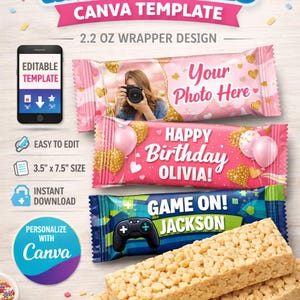 Könnte beinhalten: Canva-Vorlage für lange Rice Krispies-Riegel-Verpackungen. Das Design umfasst rosa, blaue und grüne Verpackungen mit anpassbarem Text und Fotooptionen. Die Verpackungen sind 8,89 cm x 19,05 cm groß und für 62 g Riegel konzipiert.