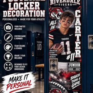 Op de afbeelding: Een aangepaste football locker decoratie met een verticale grafische print met de tekst Riverdale Tigers, Carter, Junior, 2026-2027, All In, Bigger Than A Game, Discipline, Effort, Teamwork, Results, Faith, Focus, Hard Work en speler.