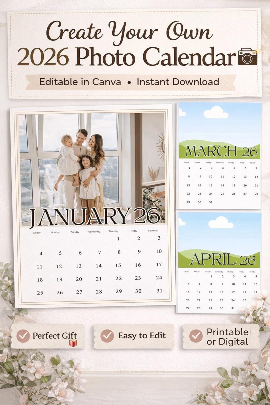 2026 Monthly Calendar Canva Template | Editable Printable Planner ...