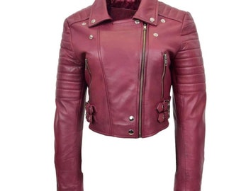 Cropped Leather Jacket For Women , Burgundy sheepskin leather