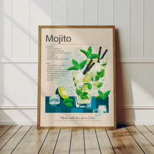 Mojito Recipe Poster, Cocktail Recipe art, Cocktail print, Home decor, Home decor, Kitchen interior, Housewarming gift, Bar Decoration