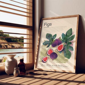 Op de afbeelding: Een ingelijste kunstdruk met een illustratie van vijgen. Het kunstwerk toont hele en gesneden vijgen met groene bladeren. De print heeft het woord "Figs" bovenaan en de zin "Grown with love from the Mediterranean!" onderaan.