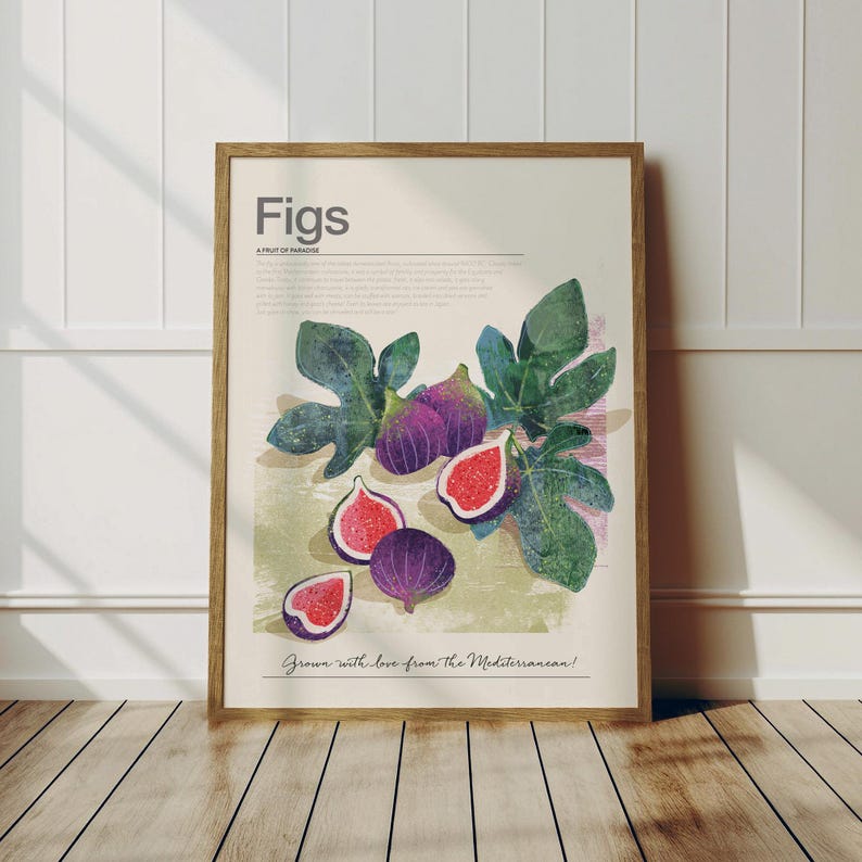 Op de afbeelding: Een ingelijste kunstdruk met een aquarel illustratie van vijgen. De print toont hele en gesneden vijgen in paars en rood, met groene vijgenbladeren. Tekst bovenaan luidt "Figs" en "A Fruit of Paradise". De tekst onderaan luidt "Grown with love from the Mediterranean!"