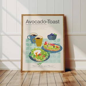 Avocado toast poster, Brunch poster, Gourmet toast,  Kitchen Decor, Guacamole toast, Breakfast foods print, Trendy wall art, Eggs on a toast