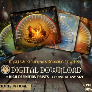 May include: Six printable dowsing charts for angels and elementals. The charts are in a circular format with a gold and brown background. The charts feature a variety of names and symbols. The text on the charts reads "Angels & Elementals Dowsing Chart Set" and "Digital Download".