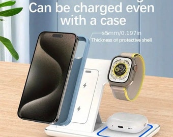 Trend_Wave - 15W LED Fast Wireless Charger Stand 3 in 1 Foldable Charging Station For iPhone 15 14 13 12 11 iPhone Watch 9 8 7 6 5 Airpods