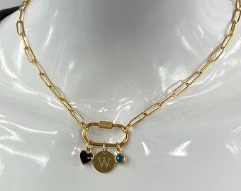 Paperclip Chain with Personalized Carabiner Initial Birthstone Necklace Stainless Steel MADE IN CANADA