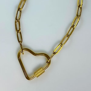 Paperclip Chain with Heart Carabiner Gold Plated Stainless Steel Necklace