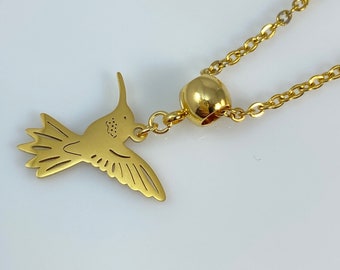 Gold Hummingbird Dangle on a Cable Chain Link Necklace Stainless Steel