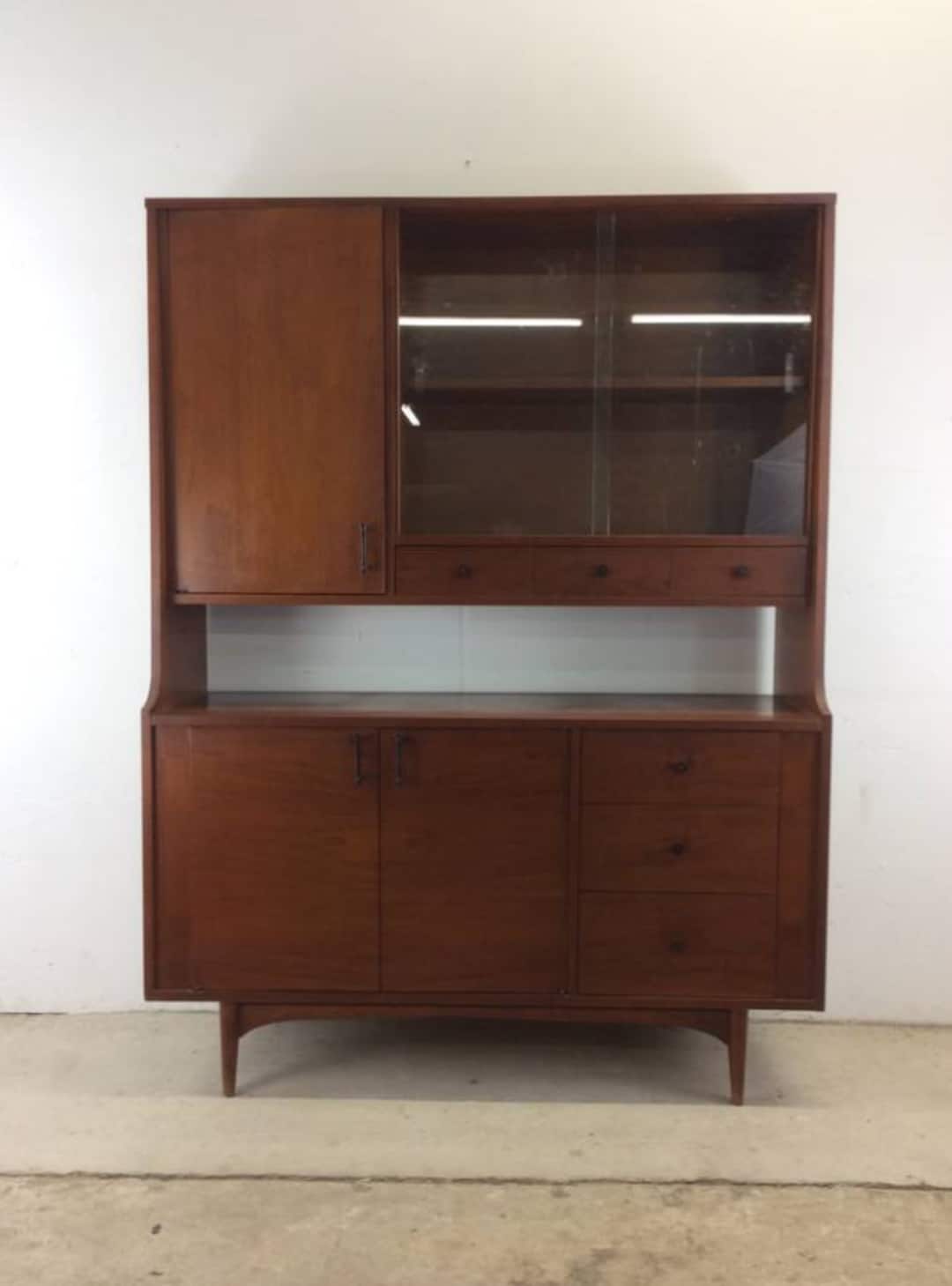 Mid Century Modern Walnut China Sliding Glass Doors, Vintage