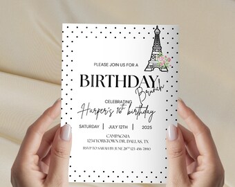 May include: A white invitation with black polka dots and text. The invitation reads "Birthday Brunch" and celebrates Harper's 16th birthday. An Eiffel Tower graphic with pink flowers is in the upper right corner.