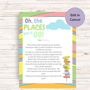 May include: A printable teacher appreciation letter featuring the text Oh, the Places You'll Go! with a light blue cloud and a colorful signpost graphic. The document includes a request for notes to teachers, framed by a border of wavy pastel stripes.