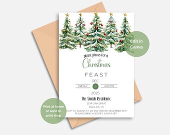 May include: A Christmas Feast invitation with watercolor evergreen trees, red and gold ornaments, and star toppers. The invitation includes the text "please join us for a Christmas Feast" and event details. The invitation is on a white background with a brown envelope.