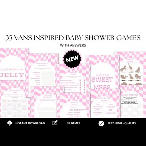 May include: A collection of 35 baby shower games with a pink and white checkered design. The games include "Guess How Many Jelly", "Guess the Sweet Mess", and "Baby Bingo". The words "Instant Download", "35 Games", and "Best High-Quality" are also visible.