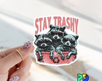 Stay trashy snarky funny raccoon vinyl sticker for, tumbler, hydroflask, laptop, phone case, notebooks, game console, skateboard