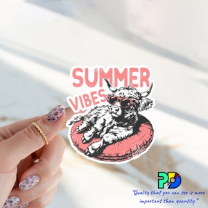 Summer Vibes Funny Highland Cow Car Accessory vinyl sticker for, tumbler, hydroflask, laptop, phone case, notebooks, game console, skateboar