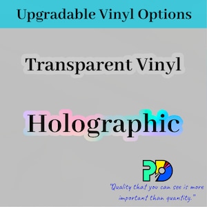 May include: Image showcasing vinyl options: "Upgradable Vinyl Options" in a light blue banner. Below, "Transparent Vinyl" and "Holographic" are displayed. A logo and the text "Quality that you can see is more important than quantity" are at the bottom.