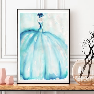 Turquoise watercolor fashion illustration print from original painting by artist SoniaStella, Floral figure art painting home wall decor