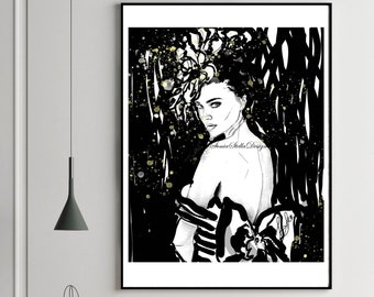 Abstract black and white painting mix media signed by artist, Custom art watercolor Glicee, Fashion Illustration original