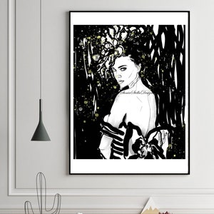Abstract black and white painting mix media signed by artist, Custom art watercolor Glicee, Fashion Illustration original