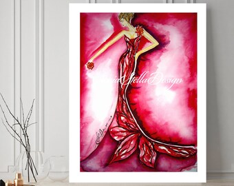 De druk van de manier van origineel door ontwerper SoniaStella, rode manierillustratie art deco bloemenstijl het schilderen