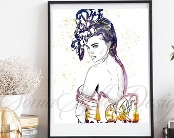 Floral Abstract Fashion Illustration Aquarelle Imprimer, Art de peinture originale Signé, Peinture d’illustration de mode