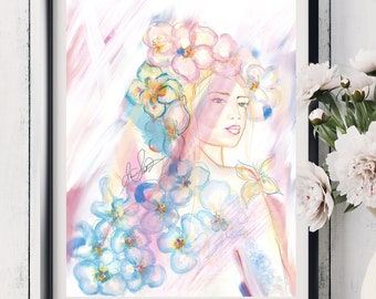 Aquarelle Floral Illustration Peinture Signé Art, Imprimer de l’œuvre d’art originale, Fille avec des fleurs dans ses cheveux