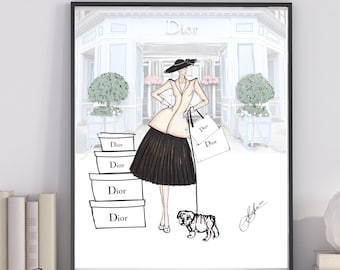 Couture Paris Fashion Art Print, Custom signed art, fashion watercolor signed, fashion art gift, dog lover gift