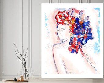 De illustratie van de manier kunstdruk van origineel - Aquarel bloemenbeeldkunst - Rode en Blauwe aquarelkunstdruk - naakte cijfermuurkunst