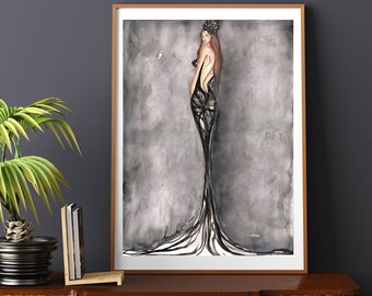 Grote aquarel figuur originele kunst, zwart-wit schilderij, mode figuur illustratie, art deco stijl schilderij 18x24 inch gesigneerde kunst