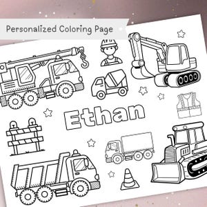 May include: A black and white colouring page featuring construction vehicles, including a crane, excavator, dumper truck, cement mixer, and bulldozer. The page also includes a construction worker, a safety vest, and a road barrier. The name "Ethan" is written at the bottom of the page.