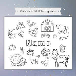 Personalized Farm Animals Coloring Page, Kids Instant Download Activity Sheet, Name Coloring Worksheet for Preschoolers, Custom Coloring PDF