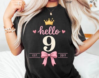 Hello Nine Est 2017 9th Birthday Schleife PNG: Birthday Girl png Neun Jahre alt png Retro Birthday Design (Digitaler Download)