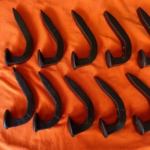 May include: A set of ten dark, curved metal railroad spikes arranged in two rows of five. Each spike features a flat, rectangular head at the base and a tapered, pointed end that curves upward, creating a hook-like shape with a smooth, dark finish.