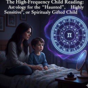 May include: An image featuring a woman and a child looking at a glowing astrological chart. The text reads: "The High-Frequency Child Reading: Astrology for the 'Haunted', Highly Sensitive', or Spiritually Gifted Child."