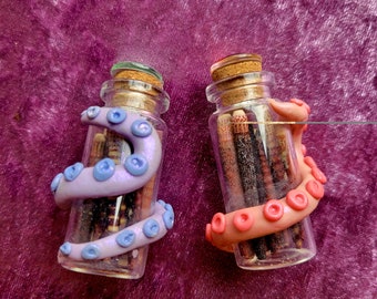 Two Octopus tentacles jar filled with sea urchins spines 10ml bottles 2 random colors oddities and curiosities