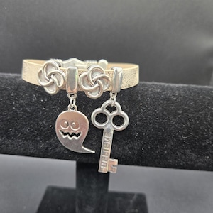 Silver Leather Bracelet with Ghost & Key Charms | Gothic Halloween Jewelry Gift
