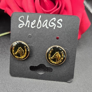 Oorknopjes paard en hoefijzer | Paardensport gouden en zwarte westernsieraden | Oorbellen met steekoorbellen voor paardenliefhebbers