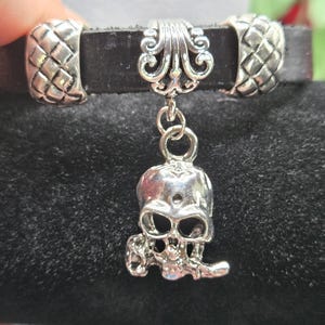 Black Leather Bracelet with Skull Charm | Gothic Punk Bracelet with Silver Tone Accents | Magnetic Clasp Men’s & Women’s Bracelet
