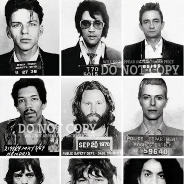 Music Mugshot Collage of ICONIC MUSICIANS: Sinatra, Elvis Presley, David Bowie, Johnny Cash... Poster Print Wall Art /Pop Art  -Multi Sizes