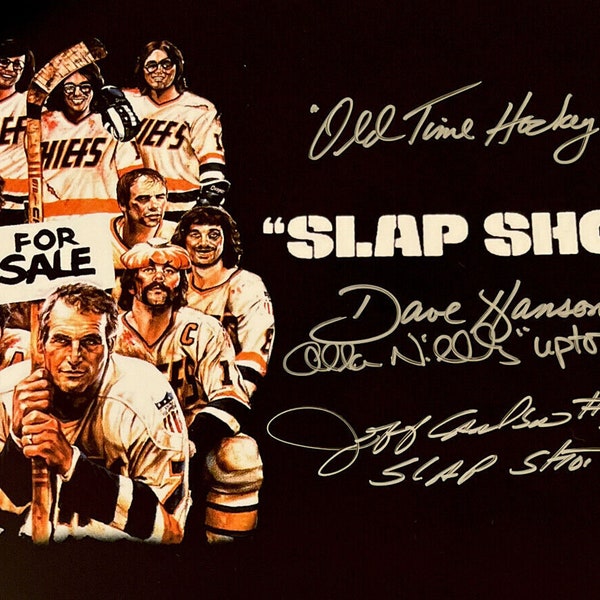 Paul Newman & the Hanson Brothers Slap Shot Movie Poster AUTOGRAPHED /Triple Firmado por Jeff Carlson, Allan Nicholls, Dave Hanson 1977 Comedia