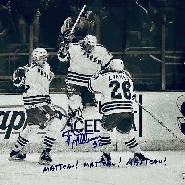 Stephane Matteau Signed & Inscribed NHL History Stanley Cup Final 11x14 “Matteau, Matteau, Matteau” New York Rangers Pro Hockey Team PSA DNA