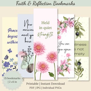 Puede incluir: Cinco marcapáginas rectangulares con citas inspiradoras y diseños florales. Los marcapáginas presentan textos como "Peace begins within" y "Held in quiet strength." Las dimensiones son de 5 x 15 cm. El título "Faith & Reflection Bookmarks" está en la parte superior.