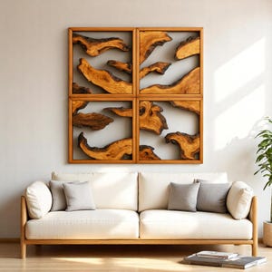 Olive Wood Wall Art Set, Handmade Natural Wood Wall Decor, Rustic Modern Frame Art, Living Room Wall Hanging, Unique Wedding Gift Idea